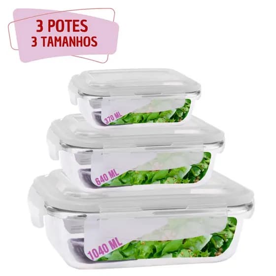 Kit 3 Potes Vidro Tampa Retangular 370 640 1040ml 3 Modelos