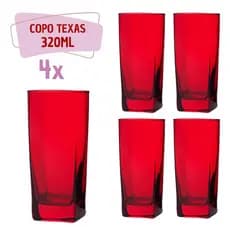 Copos de Vidro 320ml Vermelho Texas Agua Suco 4Un