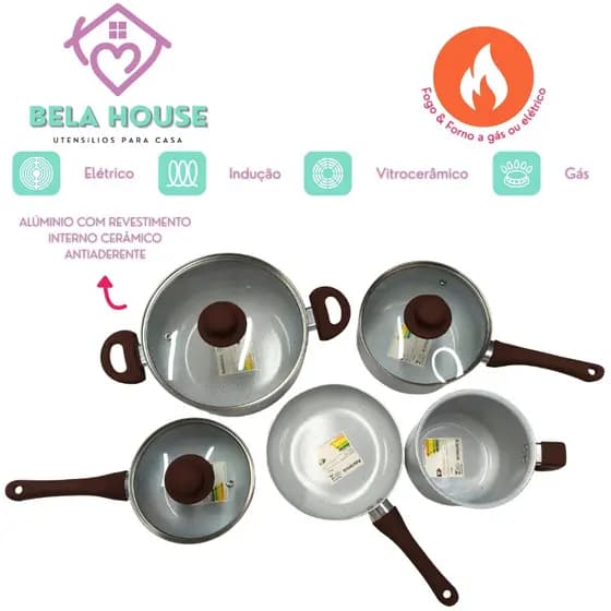 Jogo Panelas 5 Peças Antiaderente Conjunto Kit Frigideira Caçarola Panela Fervedor Cozinha Completa