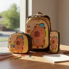 Kit Mochila escolar Infantil estampada com desenho de capibara mini