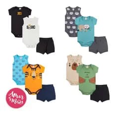 Kit 9 Peças Body Bebê Verão Manga Curta Regata Shorts Masculino P ao GG algodão