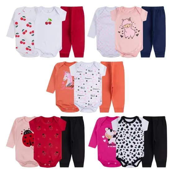 kit 9 peças body bebê manga curta longa calça mijão menina Feminino P ao GG Algodão