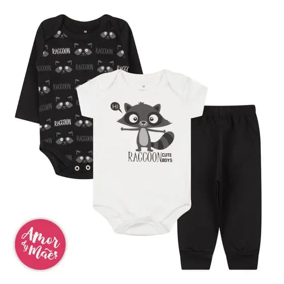 kit body infantil Masculino Bebê 3 peças manga curta/longa/calça mijão P ao GG Algodão
