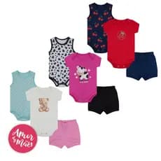 Kit 3 Peças Com Escolha Body Bebê Verão Manga Curta Regata Short Feminino Menina P ao GG estampadas
