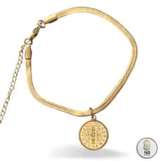 Pulseira Aço Inox Dourada São Bento Pingente Redondo 1,5cm 22cm 4mm Fé Devocional Presente Proteção