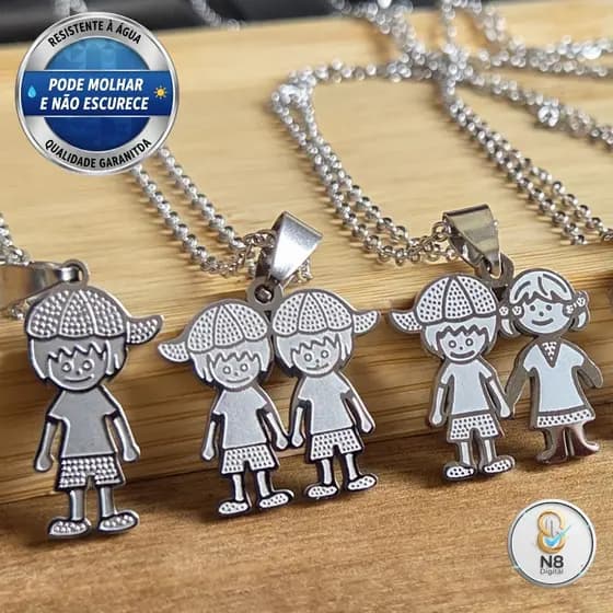 Colar Família Pingente Filho Filha Aço Inox 316L Prata/Dourado 1/2 Crianças Não Escurece Pode Molhar