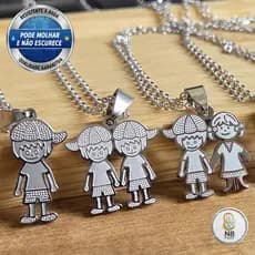 Colar Família Pingente Filho Filha Aço Inox 316L Prata/Dourado 1/2 Crianças Não Escurece Pode Molhar