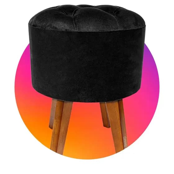 Puff Redondo Preto Veludo Retro em Capitone para Sala Quarto Decoração