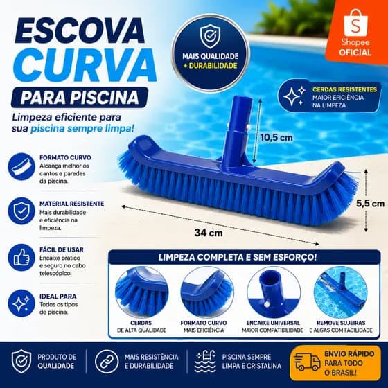 Escova Curva Para Piscina 34cm Limpeza Fundo E Parede