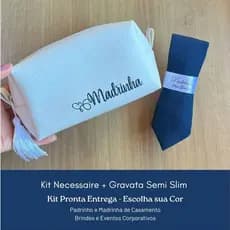 1 a 5 Kit Padrinho e Madrinha de Casamento Necessaire Bordada e Gravata SemiSlim com Faixa