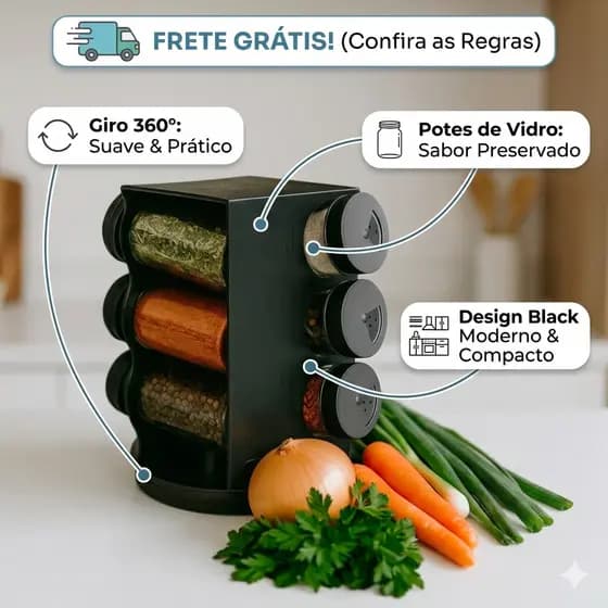 Porta Condimentos Temperos Giratório Black 6 Potes de Vidro - Organizador de Cozinha Moderno de Bancada (Pronta Entrega)