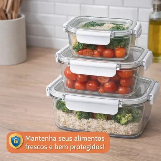 Potes Herméticos Kit 3 Unidades + CUPOM HOJE – Marmita com Tampa Trava para Alimentos