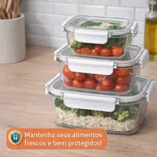 Potes Herméticos Kit 3 Unidades + CUPOM HOJE – Marmita com Tampa Trava para Alimentos