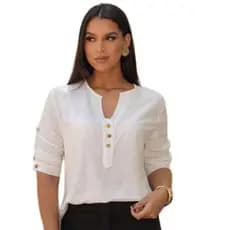 Camisa Social Feminina Manga 3/4 em Viscolinho, Lisa