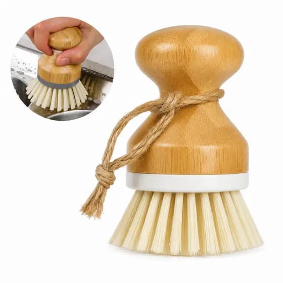 Escova De Limpeza Redonda Com Cabo De Bambu Ecológica Cerdas Resistentes