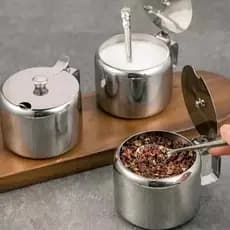 Kit 1 ou 2 Açucareiros de Aço Inox 350ml com Colher para Açúcar e Condimentos