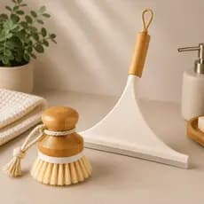 Kit Rodinho De Pia E Escova De Limpeza Com Cabo De Bambu Ecológico Premium