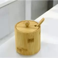 Pote de Bambu para Condimentos com Tampa e Colher – Saleiro, Açucareiro e Temperos
