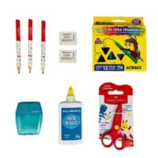 Kit Material Escolar Infantil Lápis Jumbo + Apontador + Borracha +Tesoura + Cola + Giz de Cera Jumbo