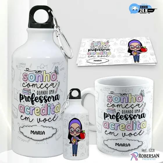 Caneca Dia dos Professores + Garrafa Personalizada Professor Professora de Água Squeeze