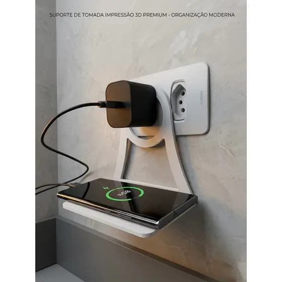 Suporte de Celular para Tomada e Parede - Organizador de Carregador e Cabos