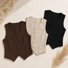 COLETE LINHO Feminino Rústico Social Alfaiataria Decote V Sem Bolso Elegante Casual Moda 2026