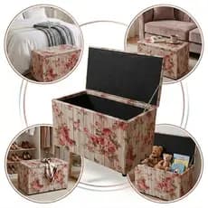 Puff Bau Medio Retangular Para Guarda Brinquedos Resistente Premium Estampa Rosas Diversas Estampas