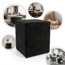 Puff Baú Quadrado Preto Porta Objeto e Organizador de Casa Suede Preto Premium