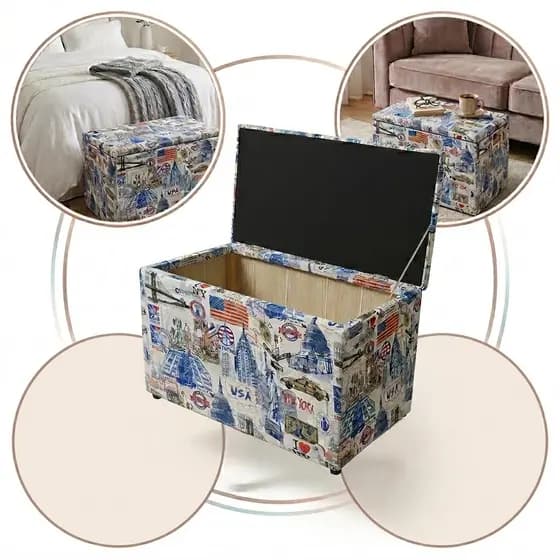 Puff Bau Medio Retangular Para Guarda Brinquedos Resistente Premium Estampa New York Diversas Estampas