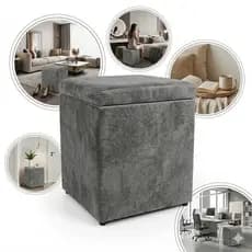 Puff Baú Quadrado Preto Porta Objeto e Organizador de Casa Suede Cinza Premium