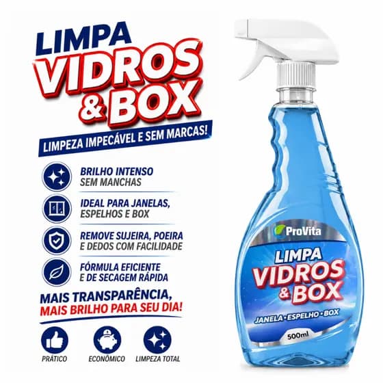Limpa Vidros e Box Blindex Banheiro 500ml Remove Calcário Mancha Espelho Vidraça Brilho Imediato