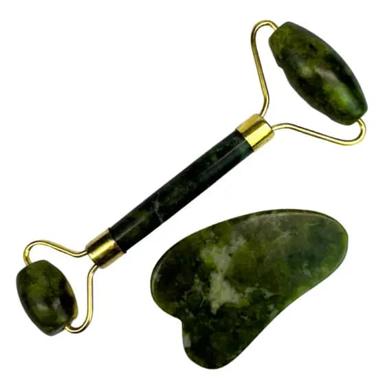 Kit Rolo Massageador Facil Pedra Jade + Gua Sha Pedra De Jade Anti Rugas
