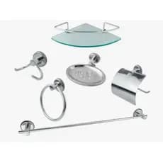 Kit Acessórios Para Banheiro Aço Inox 5 Peças + 1 Porta Shampoo Vidro Canto