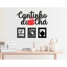 Aplique Cantinho do chá 4 peças Preto e Vermelho Decoração MDF Alto relevo 30cm