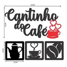 Aplique Cantinho do Café kit 4 peças MDF Preto com Xicara Vermelha Auto Relevo