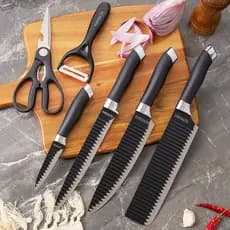 Kit 6 Peças Conjunto de Faca Carne Churrasco Profissional Cutelo Legumes Aço Carbono Descascador Tesoura Chef Preto Rosa