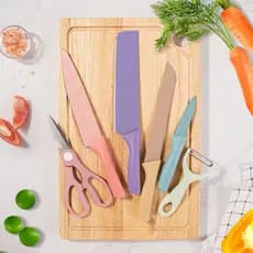 Kit de Conjunto Facas Coloridas Tesoura Descascador Cozinha Gourmet 6 Peças