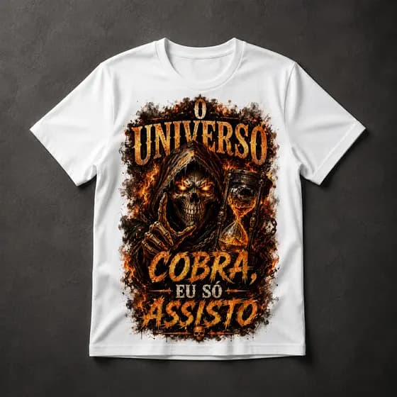 Camiseta Masculina O Universo Cobra Eu Só Assisto Grim Reaper Dark Art Frase