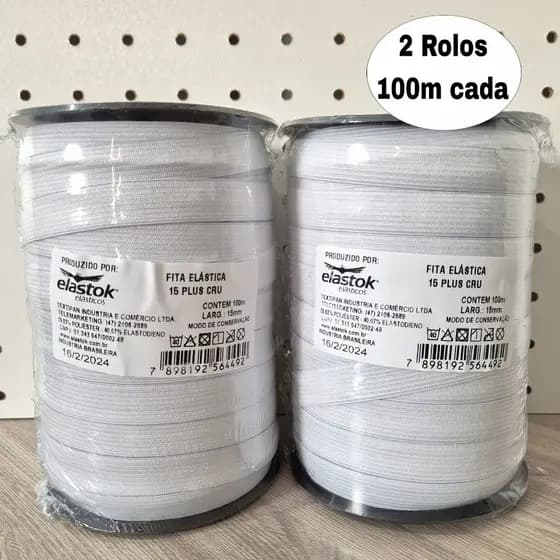 Elástico 15mm Elastok de embutir chato Kit 2 Rolos 100 metros cada - Para Costura