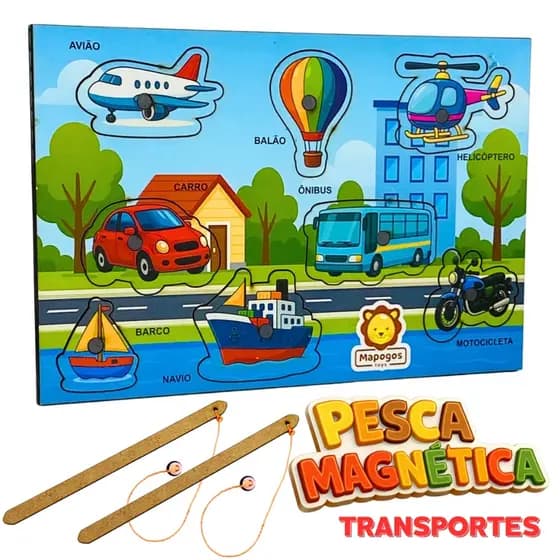 Brinquedo Pesca Pescaria Magnética Imã Transportes Carros Moto Infantil Didático MDF Tabuleiro