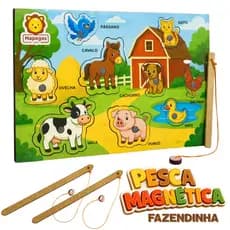 Brinquedo Pesca Pescaria Magnética Imã Fazenda Animais Infantil Pedagógico MDF 12 Peças Tabuleiro