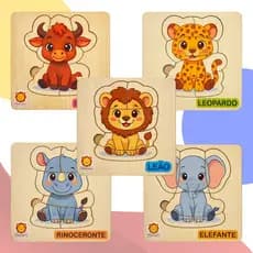 Kit 5 Quebra Cabeças De Animais Zoo Madeira 3D Infantil Didático 14x14cm Safari Big Five