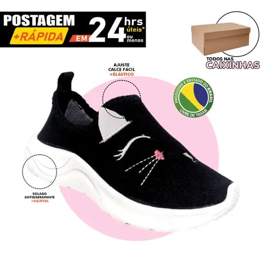 Calce Fácil Infantil Gatinha Sapato menina Slip On Bichinhos Fofinhos Preto bordado vai na Caixinha