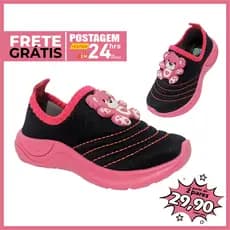 Tênis infantil feminino calce facil sem cadarço delicado menina aplique ursinho fofo bordado pink
