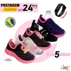 Calce Fácil Infantil Feminino Kit com 5 pares + Relógio LED Super Leve Pack Combo Slip on