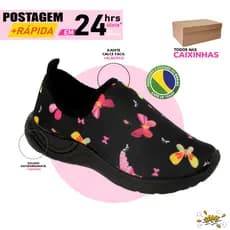 Tênis Slip On Calce Fácil Menina Feminino Infantil Borboletas Solado preto Estampado Bichinhos Leve