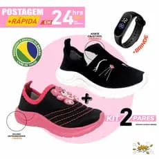 Sapato feminino infantil menina kit com dois pares 2 bordado e emborrachado leve e confortável
