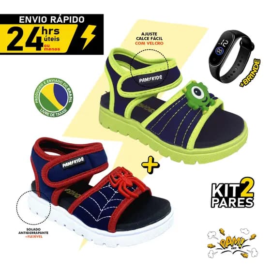 Papete Infantil Kit 2 pares Sandália Menino Combo com relógio muito leve fechamento em velcro