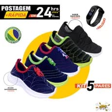 Kit 5 Pares Tênis Infantil Calce Fácil sem Cadarço Levinho e macio Relógio Digital LED Combo Pack