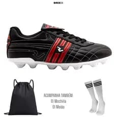 Kit Chuteira Campo Masculino Homem Futebol Trava Reforçado Resistente com Mochila e Meião Breex